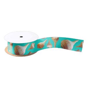 Seashells Turquoise Whelk Shells Pattern Satin Ribbon
