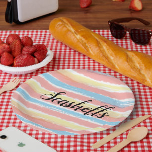 Seashells Typography Pink Yellow Blue Watercolor  Paper Plate