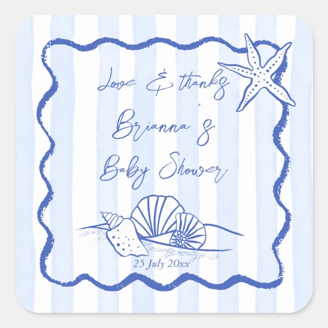 Seashells wavy blue stripes baby shower favour square sticker (Front)