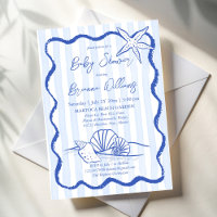Seashells wavy border blue stripes baby shower