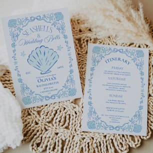 Seashells Wedding Bells Bachelorette Blue Invitation