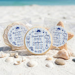 Seashells & Wedding Bells Beach Bachelorette Party Classic Round Sticker<br><div class="desc">Shell-ebate the Bride-to-Be in Coastal Style! Get ready to get salty and celebrate with these chic custom-made "Seashells & Wedding Bells" favour stickers. Featuring a timeless light blue and white cabana striped background, these stickers are adorned with hand-drawn doodle icons like seashells, wedding bells, sea waves, a tropical sun, and...</div>