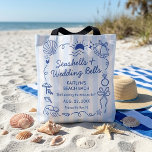 Seashells & Wedding Bells Beach Bachelorette Party Tote Bag<br><div class="desc">Shell-ebate the Bride-to-Be in Coastal Style! Get ready to get salty and celebrate with this chic custom-made "Seashells & Wedding Bells" weekend tote bag. Featuring a timeless light blue and white cabana striped background, the bag is adorned with hand-drawn doodle icons like seashells, wedding bells, sea waves, a tropical sun,...</div>