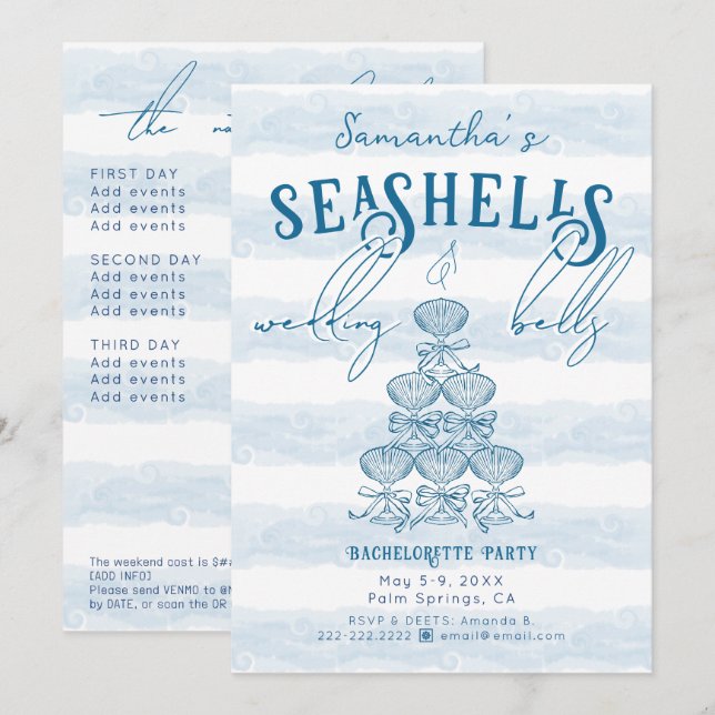 Seashells & Wedding Bells Blue Bachelorette Party Invitation (Front/Back)