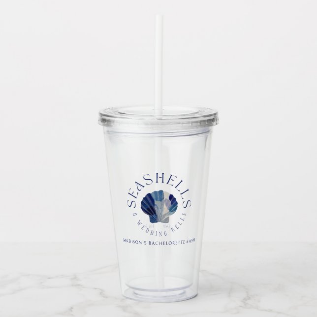 Seashells Wedding Bells Blue Beach Wedding Acrylic Tumbler (Front)
