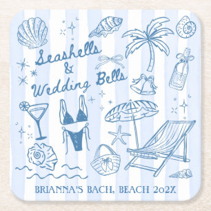 Seashells wedding bells bridesmaids gifts custom square paper coaster