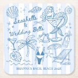 Seashells wedding bells mermaid bridesmaids gifts square paper coaster<br><div class="desc">Seashells and wedding bells mermaid coastal bachelorette party favors bridesmaids gifts personalized coasters,  last toast on the coast bridesmaids gifts custom coaster,  bridal shower favors,  bridal party favors,  hen night favors,  personalized coaster favors,  wedding favors,  personalized bachelorette party favors,  practical bridesmaids gifts,  beach party favors,  practical favors</div>