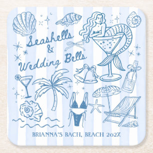 Seashells wedding bells mermaid bridesmaids gifts square paper coaster