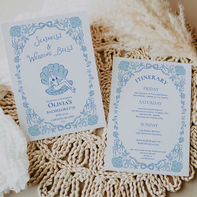 Seashells Wedding Bells Whimsical Bachelorette Blu Invitation (Seashells Wedding Bells Whimsical Bachelorette Blue Invitation)