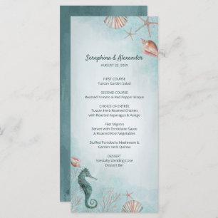 Seashore Beach Blue Watercolor Seashells Wedding Menu