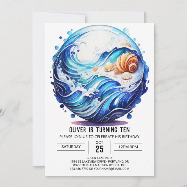 Seashore Deep Blue Kids Birthday Invitation (Front)