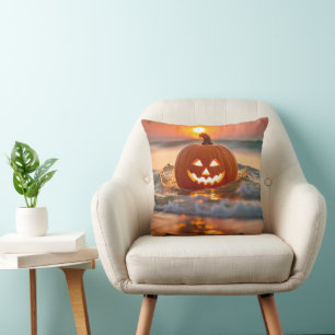 Seashore Halloween Jack-o-Lantern Throw Pillow