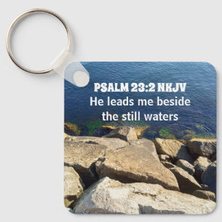 Seashore Photo Beside the Still Waters Bible Verse Keychain