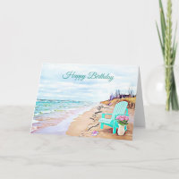 Seaside Beach Scene Teal Chair Flowers Birthday