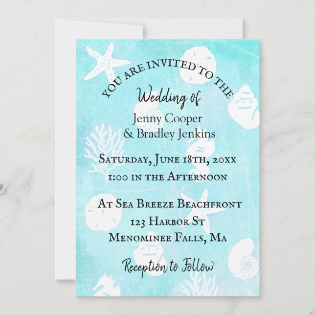 Seaside Blue and Teal Seashell Wedding Invitation (Front)