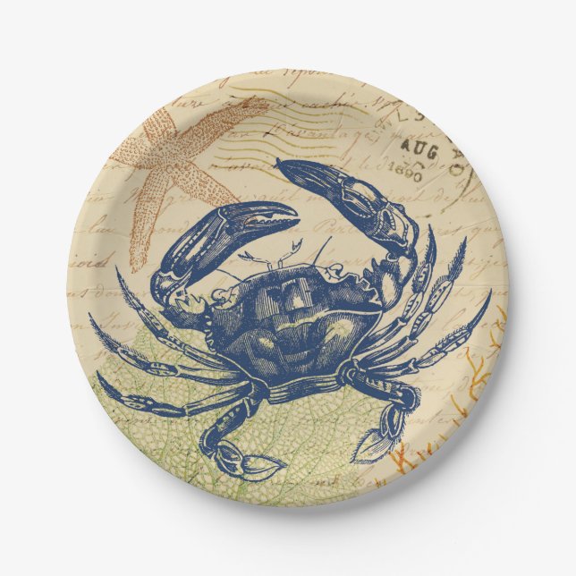 Seaside Blue Crab Collage Paper Plate (Front)