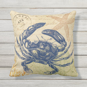 Seaside Blue Crab Collage Throw Pillow