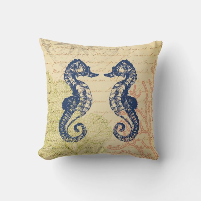 Seaside Blue Sea Horses Collage Throw Pillow (Front)