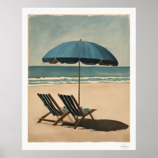 Seaside Blue Umbrella and Beach Chairs Oil Paintin Poster