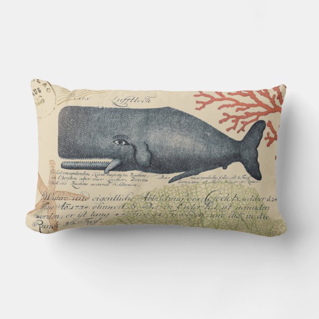 Seaside Blue Whale Collage Lumbar Pillow (Front)