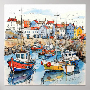 Seaside Boats In The Harbour Poster