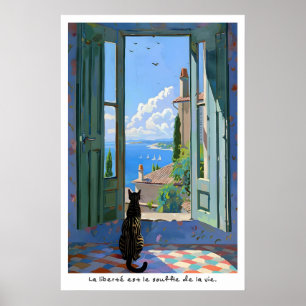Seaside Cat Art Print French Typography Poster