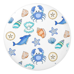 Seaside Coastal Crab, Dolphin and Seashells Ceramic Knob