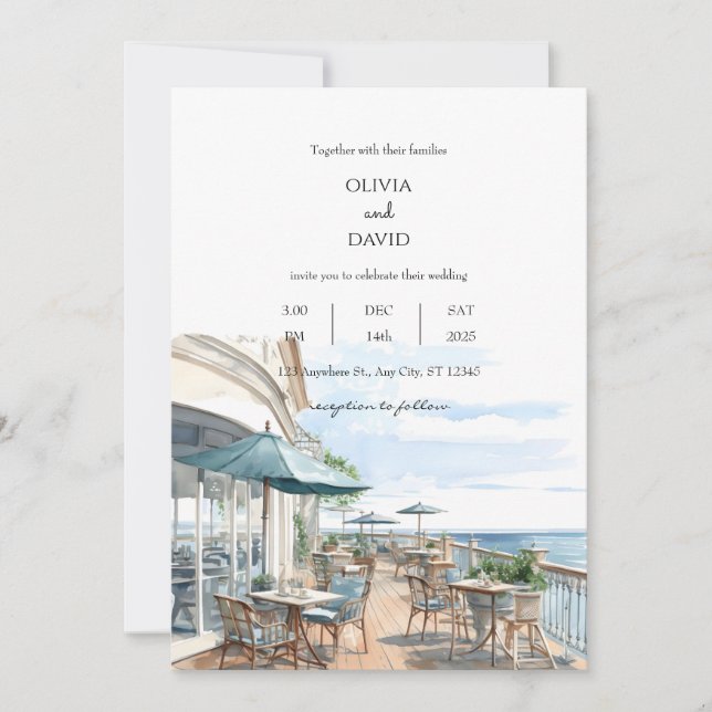 Seaside Coastal Rooftop Cafe Sea Views Wedding  Invitation (Front)