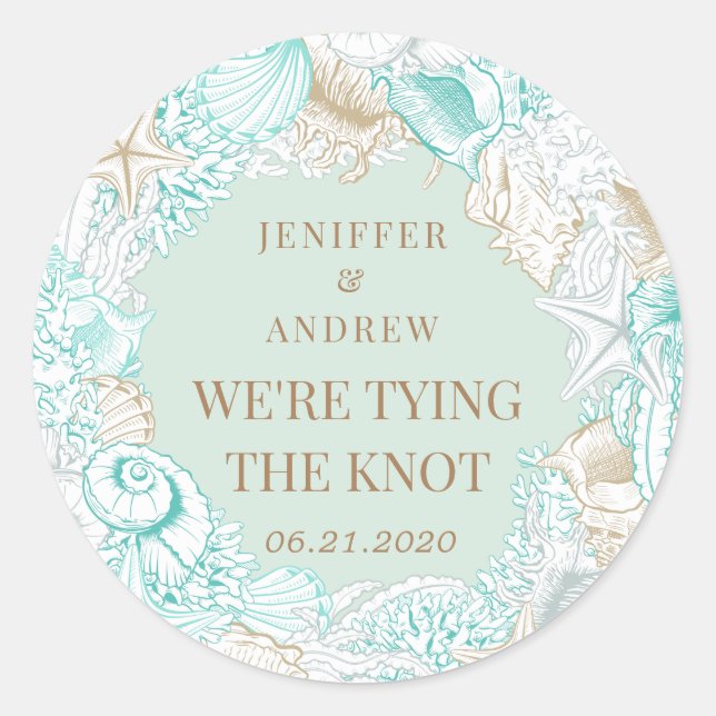 seaside coastal save the date monogram classic round sticker (Front)