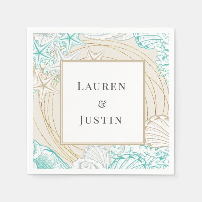 seaside coastal turquoise Monogram Paper Napkin (Front)