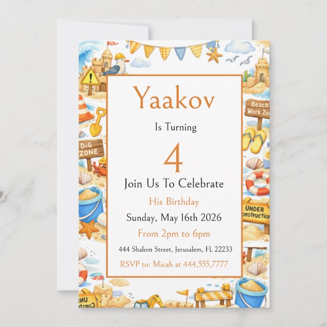 Seaside Construction Party 4th Birthday For Boy Invitation (Front)