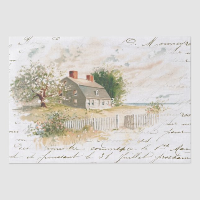 Seaside Cottage Beachhouse French Script Decoupage Tissue Paper (Front)