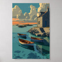 Seaside Cottage with Boats - Coastal Sunset Art