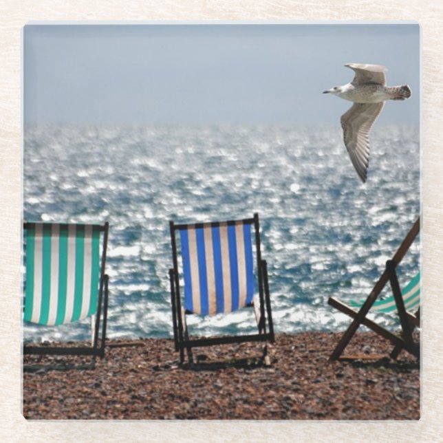 Seaside Deck Chairs and Seagull Glass Coaster (Front)