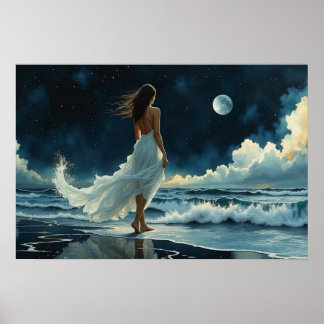  Seaside Escape under the Moon | Coastal Art Poster