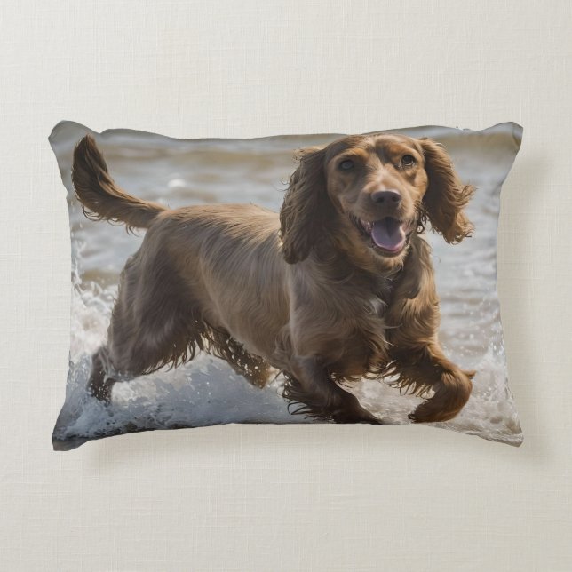 "Seaside Fun: A Cocker Spaniel Play in the Ocean Accent Pillow (Front)