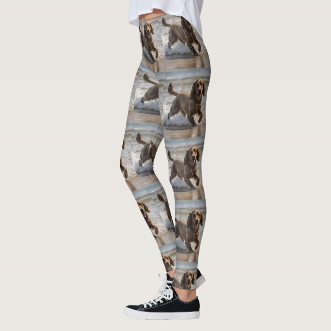 "Seaside Fun: Cocker Spaniel at Play in the Ocean Leggings (Left)