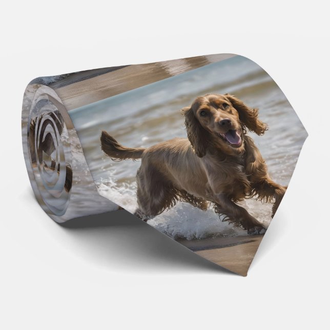 "Seaside Fun: Cocker Spaniel at Play in the Ocean Tie (Rolled)