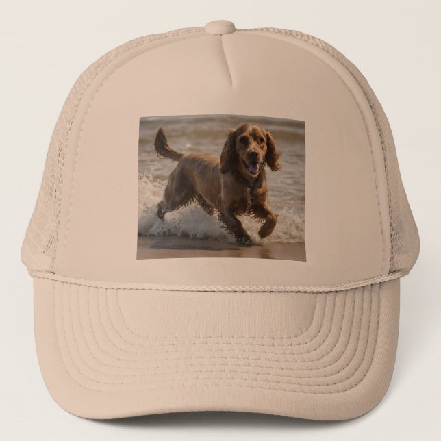 "Seaside Fun: Cocker Spaniel at Play in the Ocean Trucker Hat (Front)