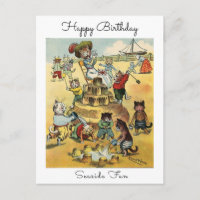 Seaside Fun Victorian Cat Mischief Happy Birthday
