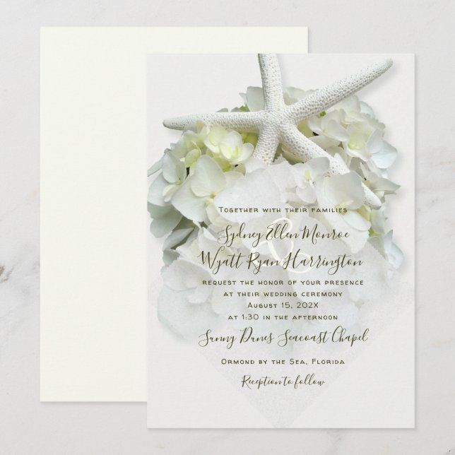 Seaside Garden White Starfish Hydrangea Wedding In Invitation (Front/Back)