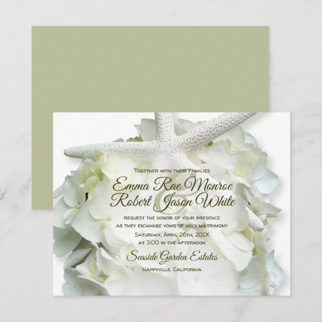 Seaside Garden White Starfish Hydrangea Wedding Invitation (Front/Back)