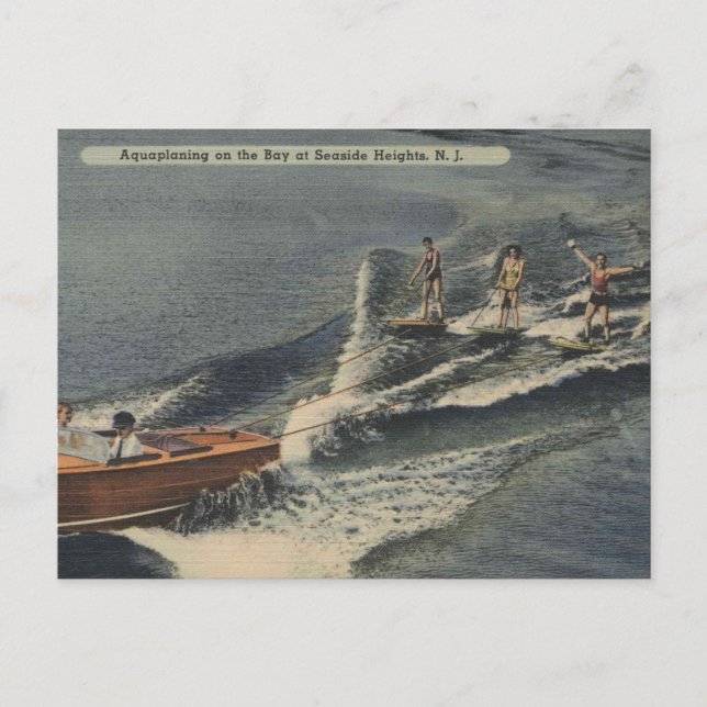 Seaside Heights NJ, Aquaplaning Water Skiing 1940s Postcard (Front)