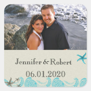 Seaside in Sand and Aqua Wedding Square Sticker