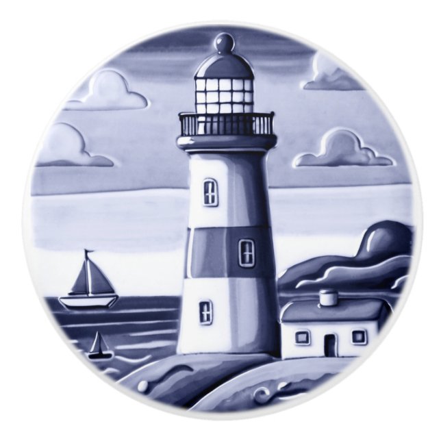 Seaside Lighthouse by the Sea Blue and White Ceramic Knob (Front)