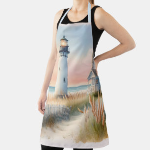Seaside Lighthouse & Cottage Watercolor Scene Apron