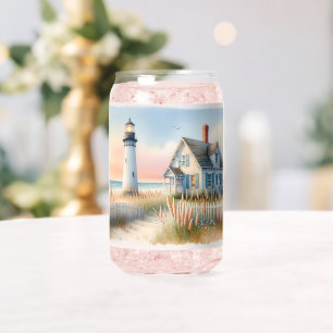 Seaside Lighthouse & Cottage Watercolor Scene Can Glass