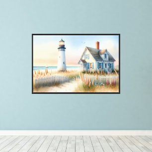 Seaside Lighthouse & Cottage Watercolor Scene Canvas Print