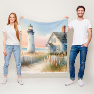 Seaside Lighthouse & Cottage Watercolor Scene Fleece Blanket