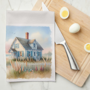 Seaside Lighthouse & Cottage Watercolor Scene Kitchen Towel